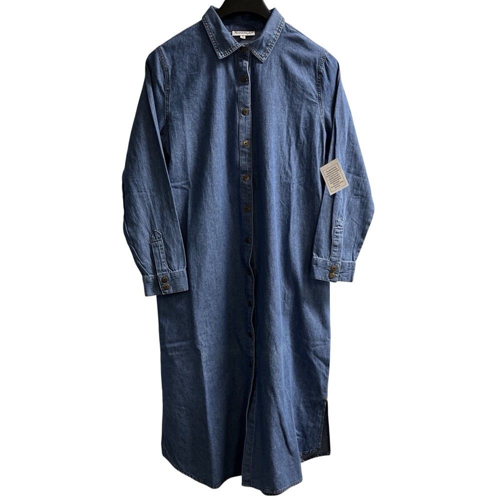 Northstyle Denim Dress Womens M Blue Button Down Collared Midi Western‎ Rodeo